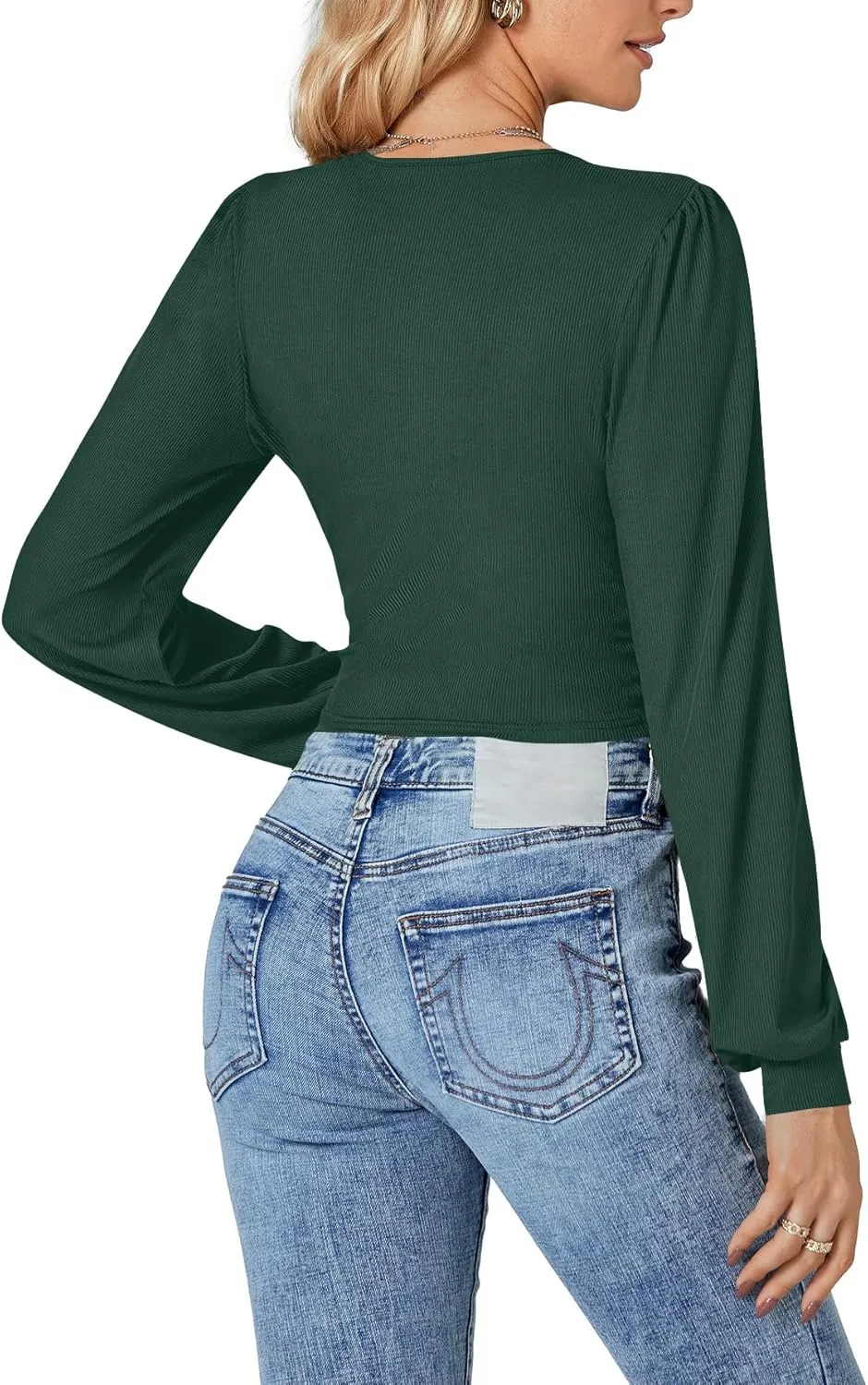LYANER Women's Wrap V Neck Self Tie Knot Bishop Long Sleeve Ribbed Knit Crop Blouse T-Shirt Top