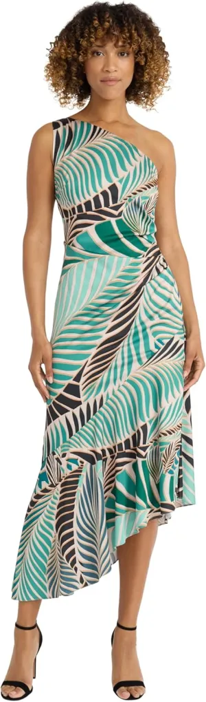 Maggy London Women's Asymmetrical One-Shoulder Midi Tropical Leaf Print-Ruched Side-Ruffled High-Low Hem Cocktail Dress