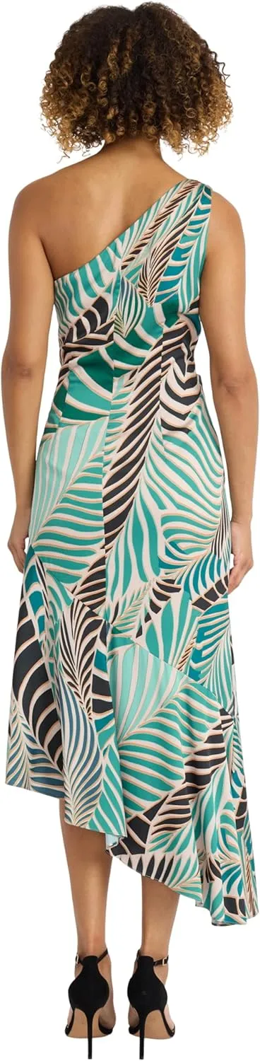 Maggy London Women's Asymmetrical One-Shoulder Midi Tropical Leaf Print-Ruched Side-Ruffled High-Low Hem Cocktail Dress