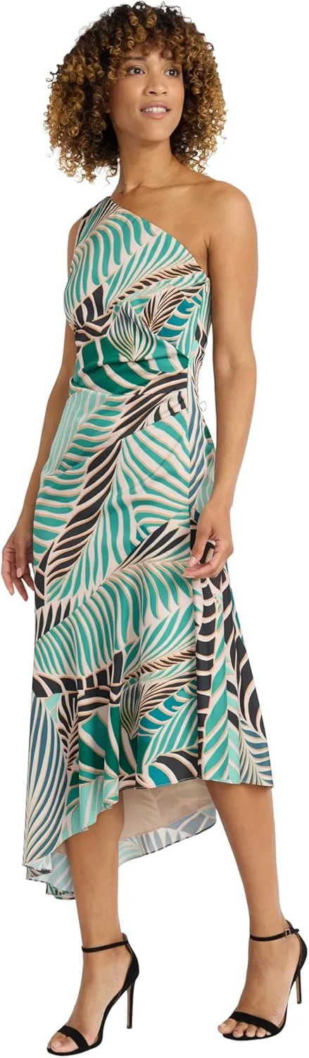 Maggy London Women's Asymmetrical One-Shoulder Midi Tropical Leaf Print-Ruched Side-Ruffled High-Low Hem Cocktail Dress