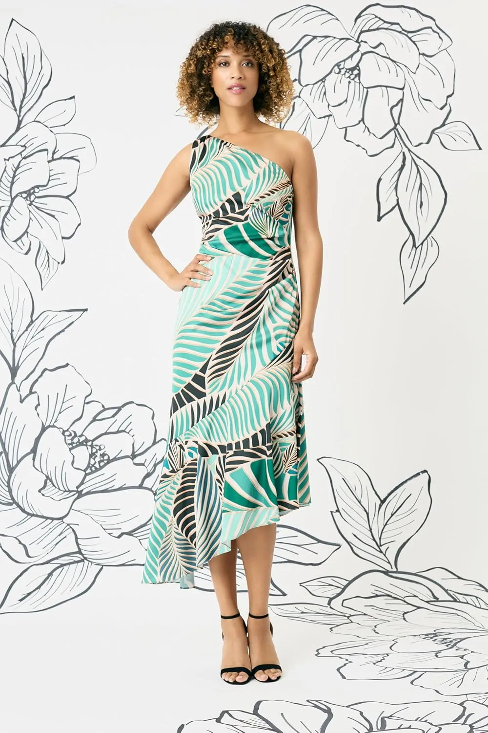 Maggy London Women's Asymmetrical One-Shoulder Midi Tropical Leaf Print-Ruched Side-Ruffled High-Low Hem Cocktail Dress
