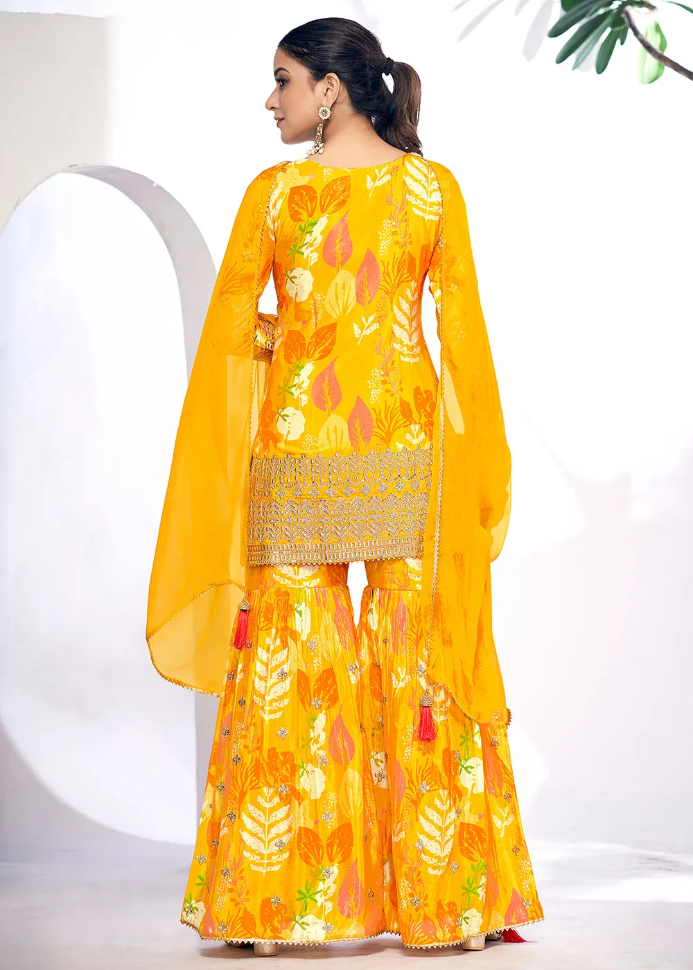 Maize Yellow Embroidered & Printed Festive Gharara Suit