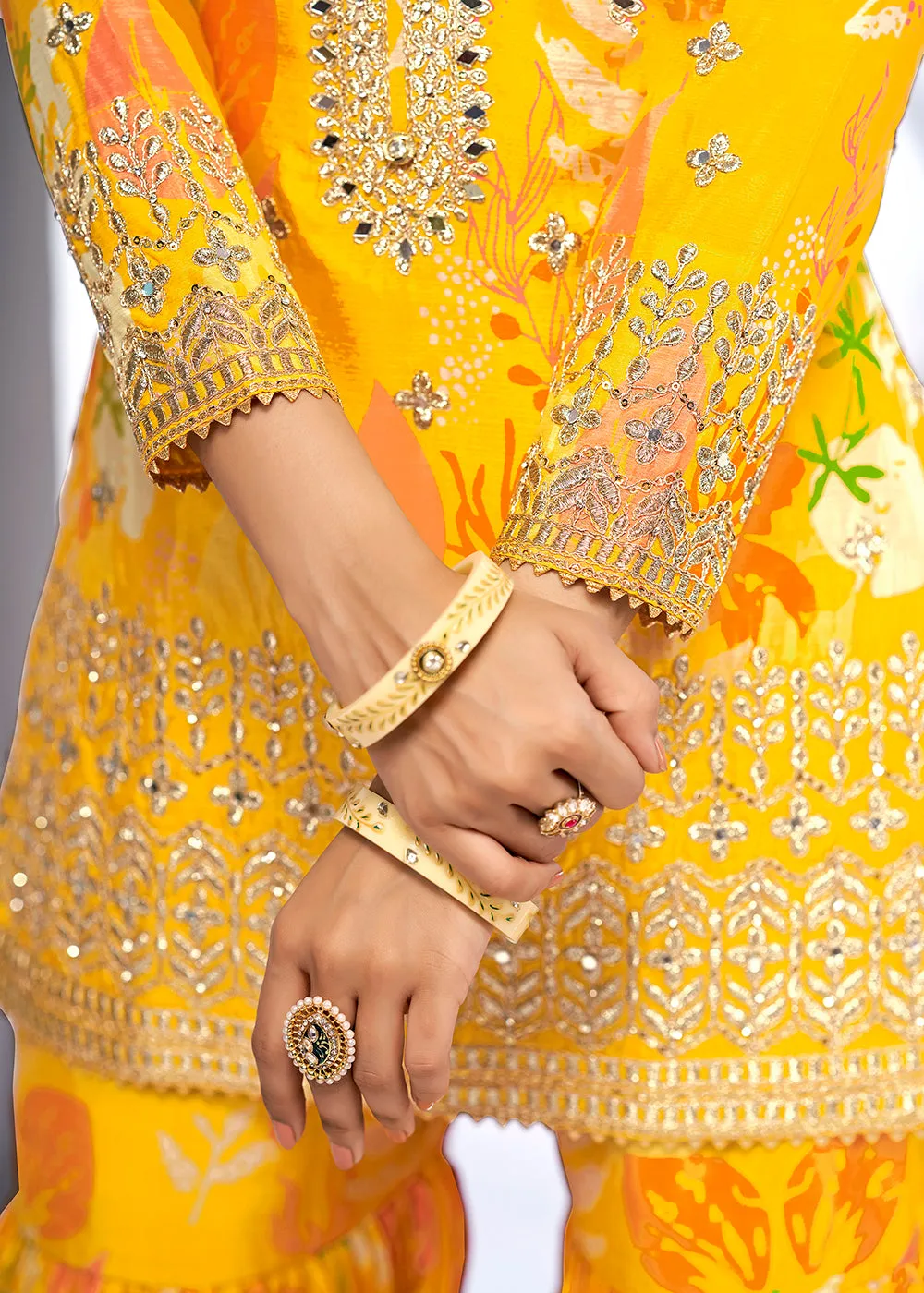 Maize Yellow Embroidered & Printed Festive Gharara Suit