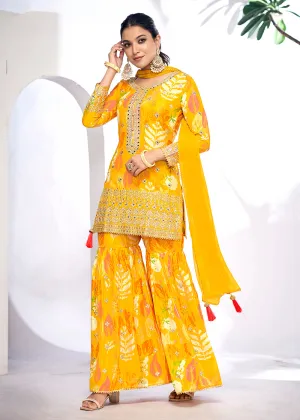 Maize Yellow Embroidered & Printed Festive Gharara Suit