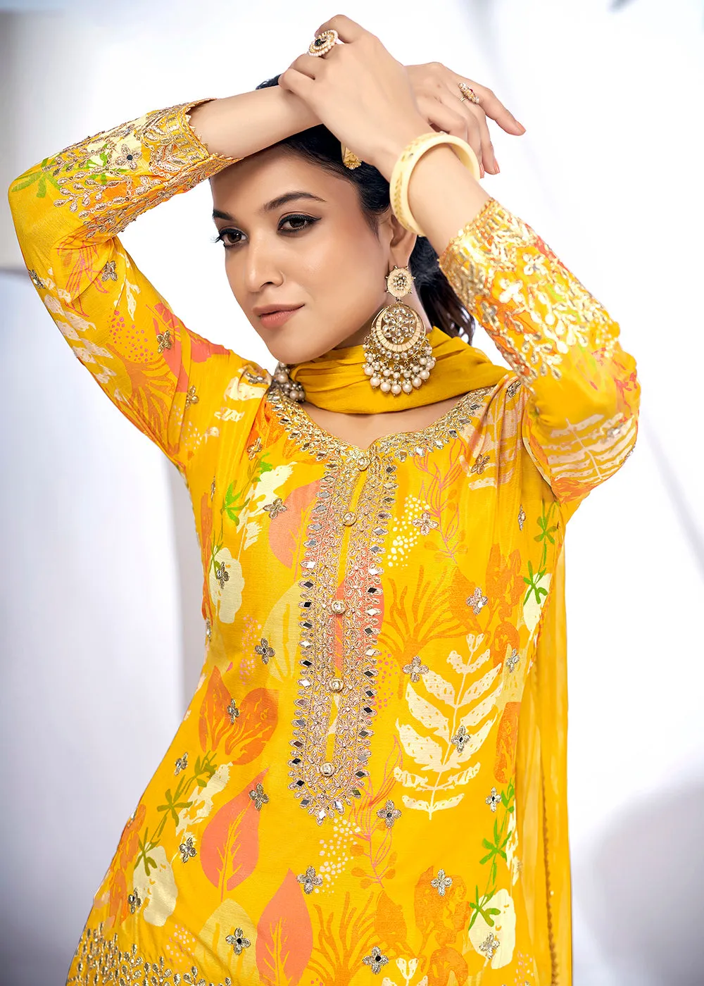 Maize Yellow Embroidered & Printed Festive Gharara Suit