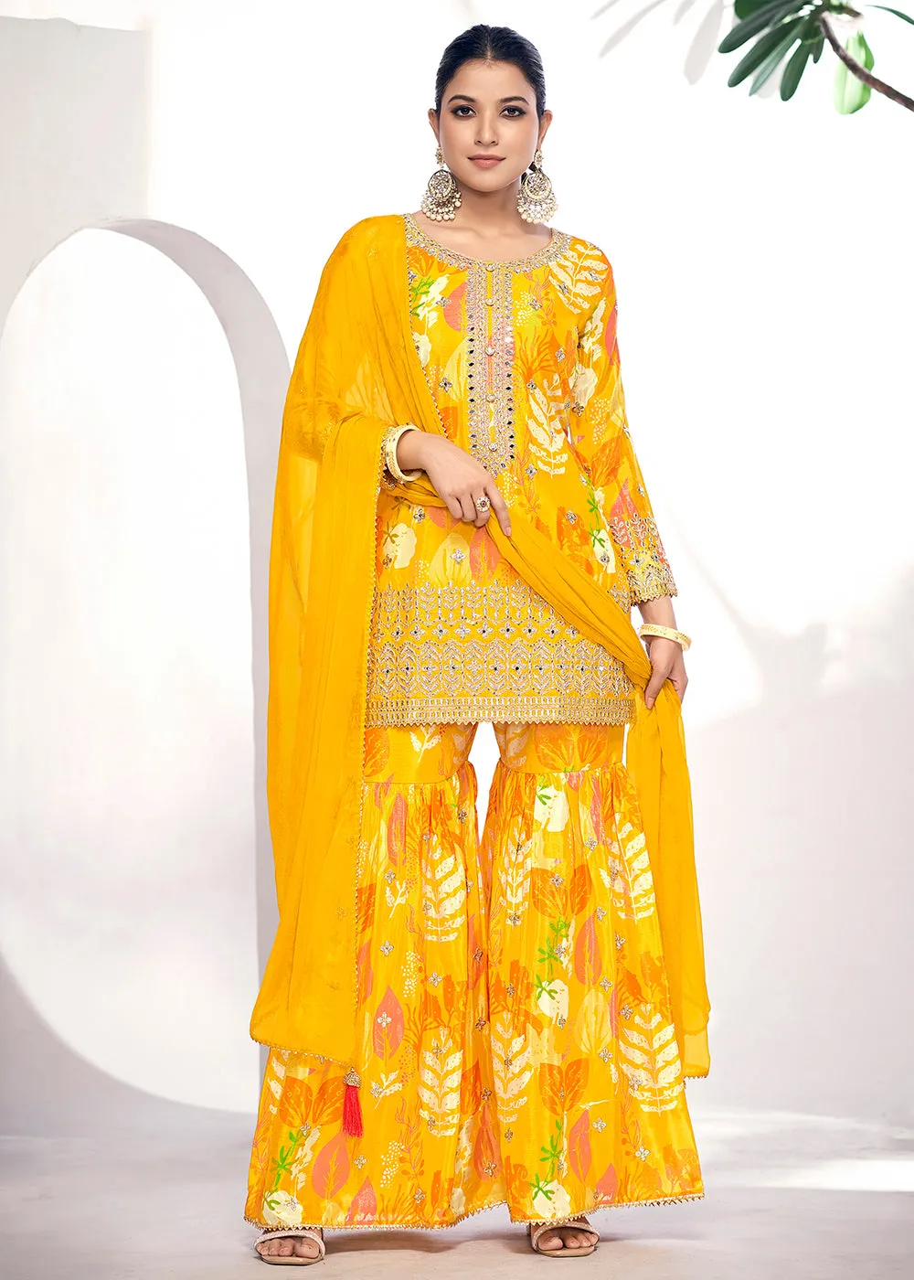 Maize Yellow Embroidered & Printed Festive Gharara Suit