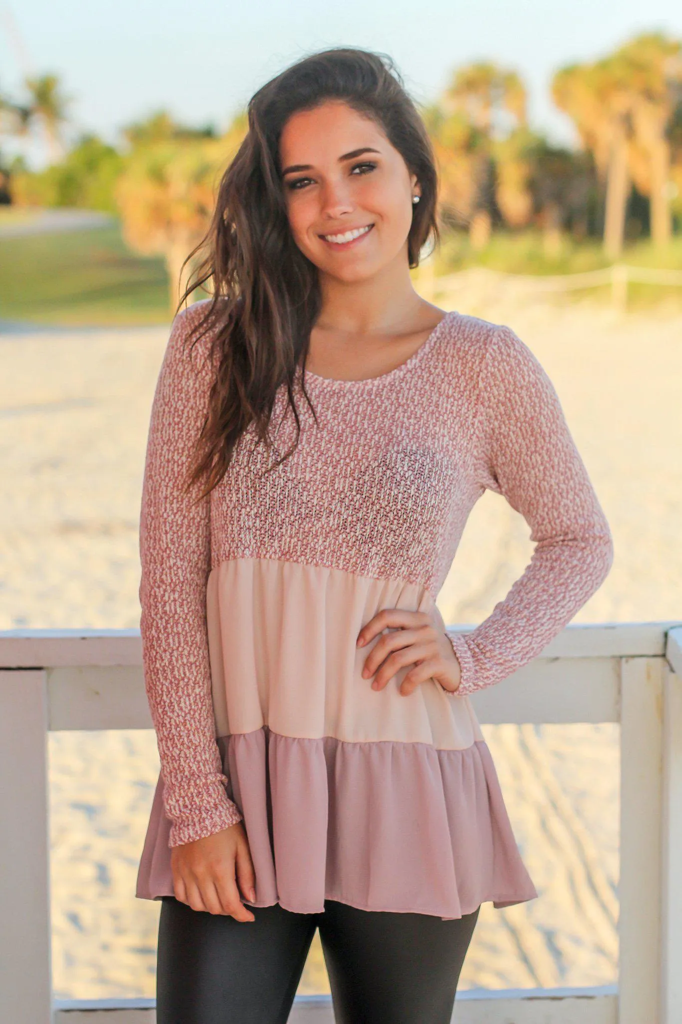 Mauve Color Block Top with Long Sleeves