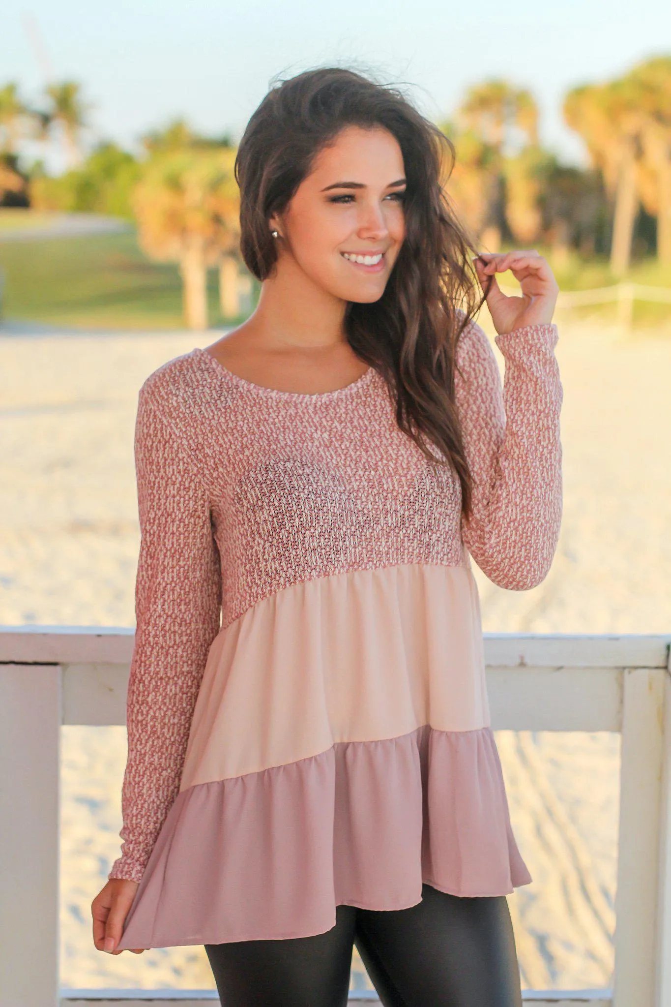 Mauve Color Block Top with Long Sleeves