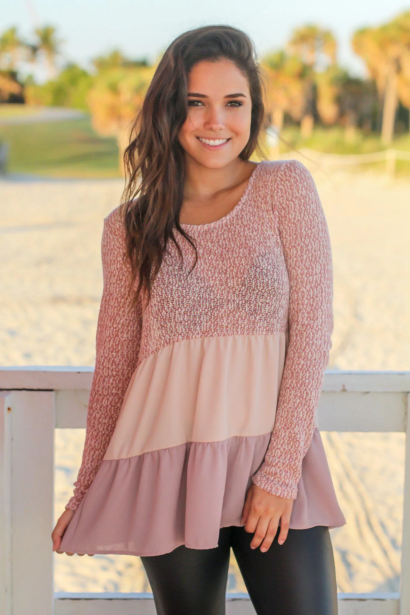 Mauve Color Block Top with Long Sleeves