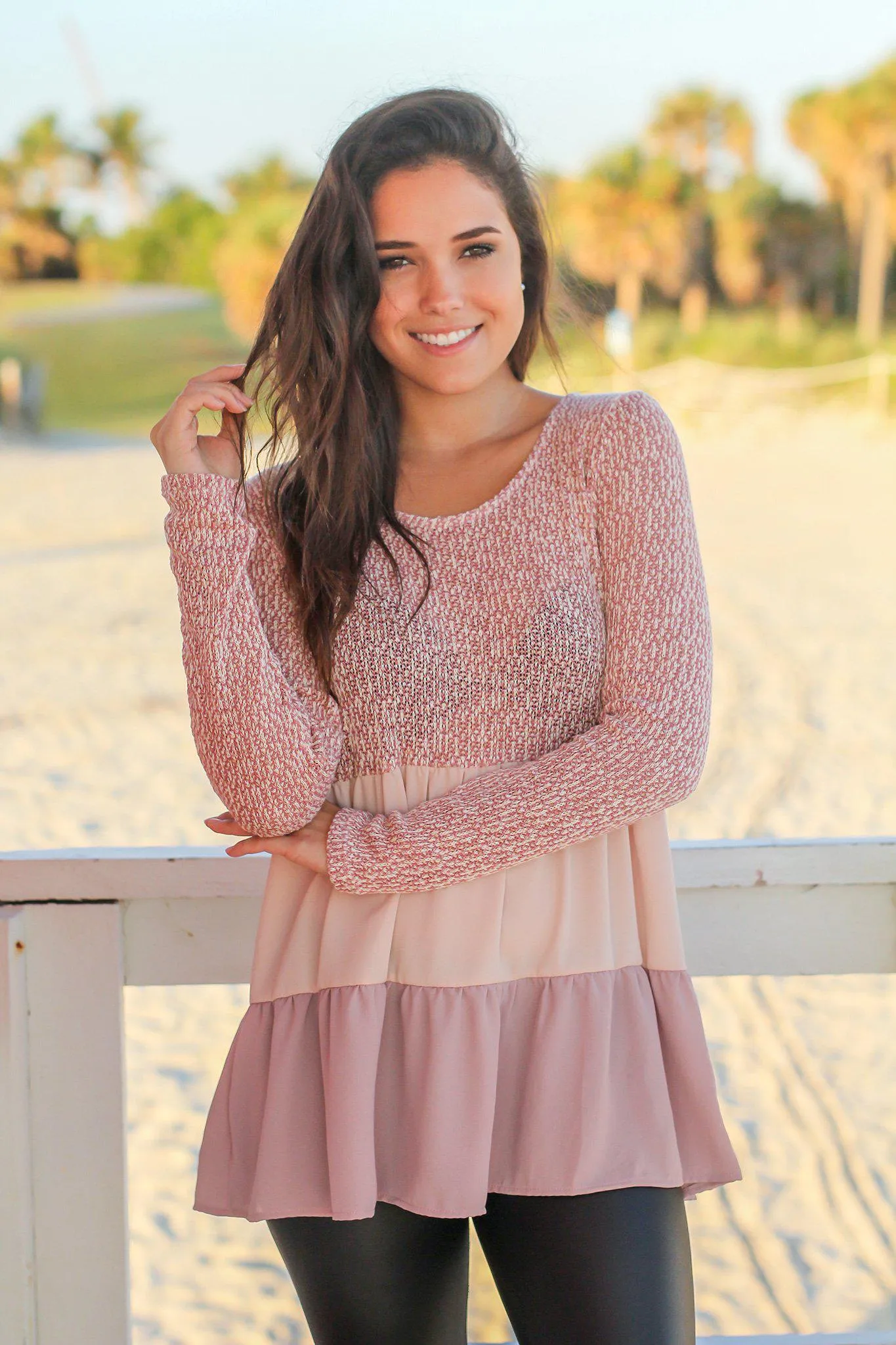 Mauve Color Block Top with Long Sleeves