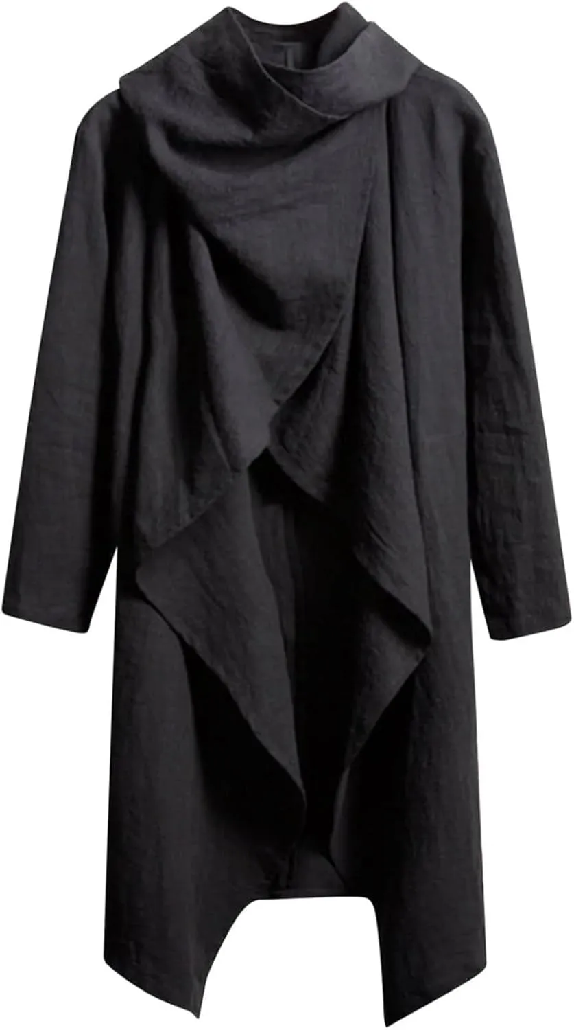 Mens Cotton Linen Poncho Cape Coats Casual Long Sleeve Cardigan Long Jacket Fall Winter Lightweight Baggy Outwear Top