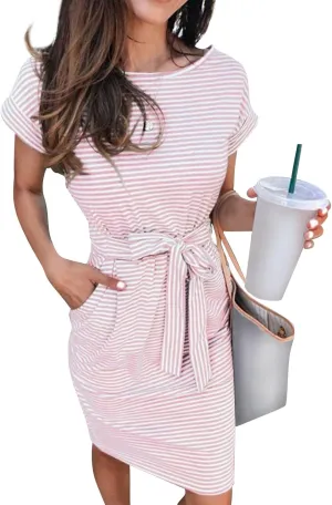 midelxp T Shirt Dresses for Women 2024 Trendy Tie Waist Striped Dress with Pockets Casual Crewneck Short Sleeve Midi Dress