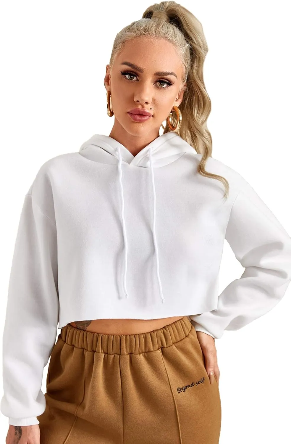 Milumia Women Long Sleeve Hoodie Crop Top Joggers Solid Drawstring Hooded Sweatshirt