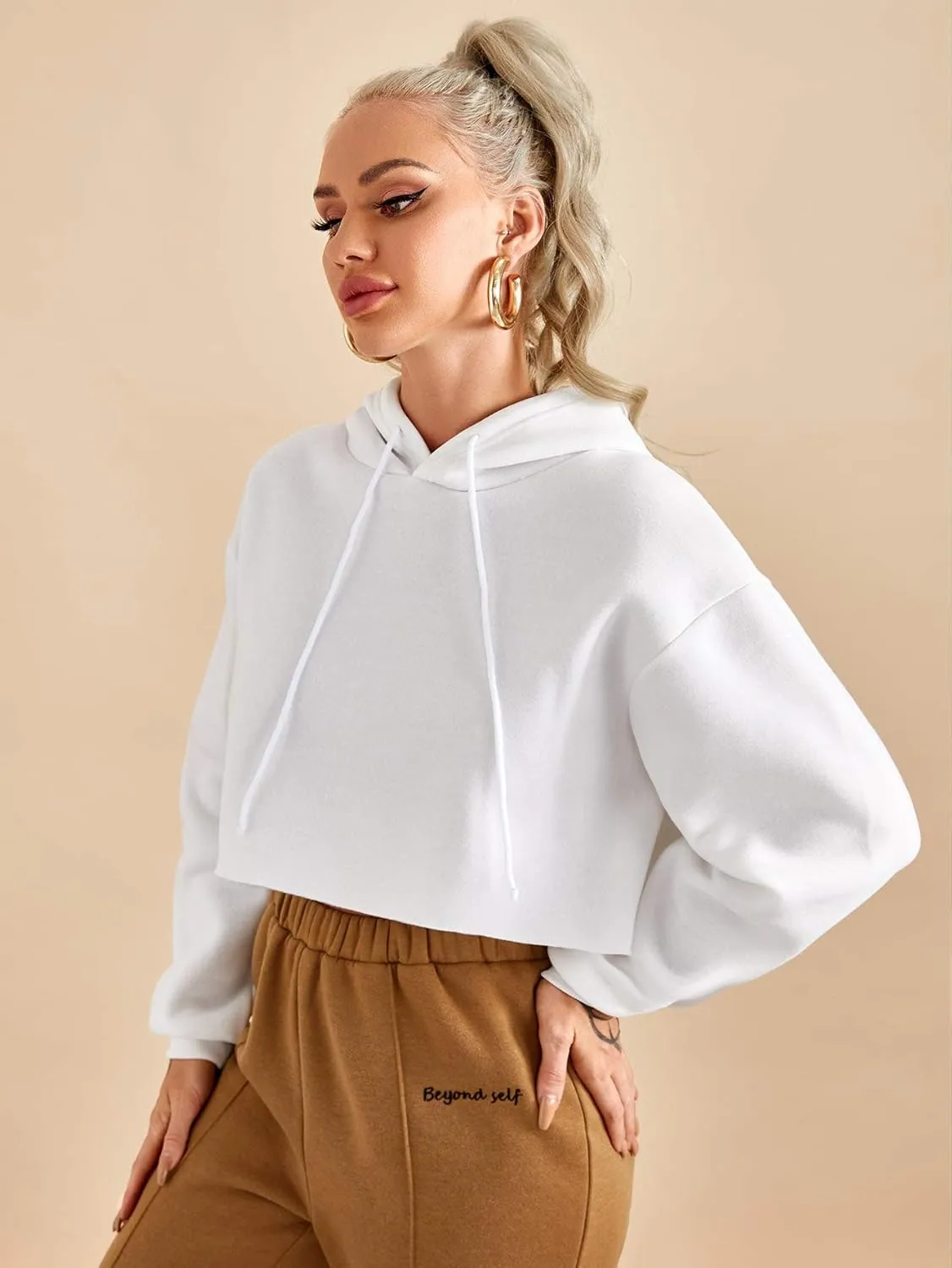 Milumia Women Long Sleeve Hoodie Crop Top Joggers Solid Drawstring Hooded Sweatshirt