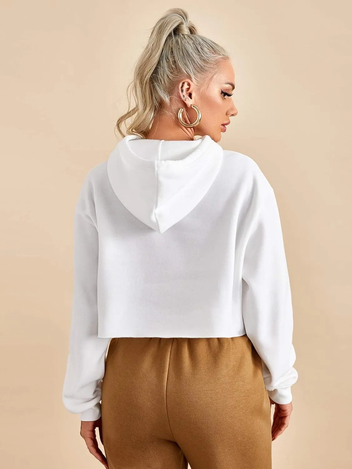 Milumia Women Long Sleeve Hoodie Crop Top Joggers Solid Drawstring Hooded Sweatshirt