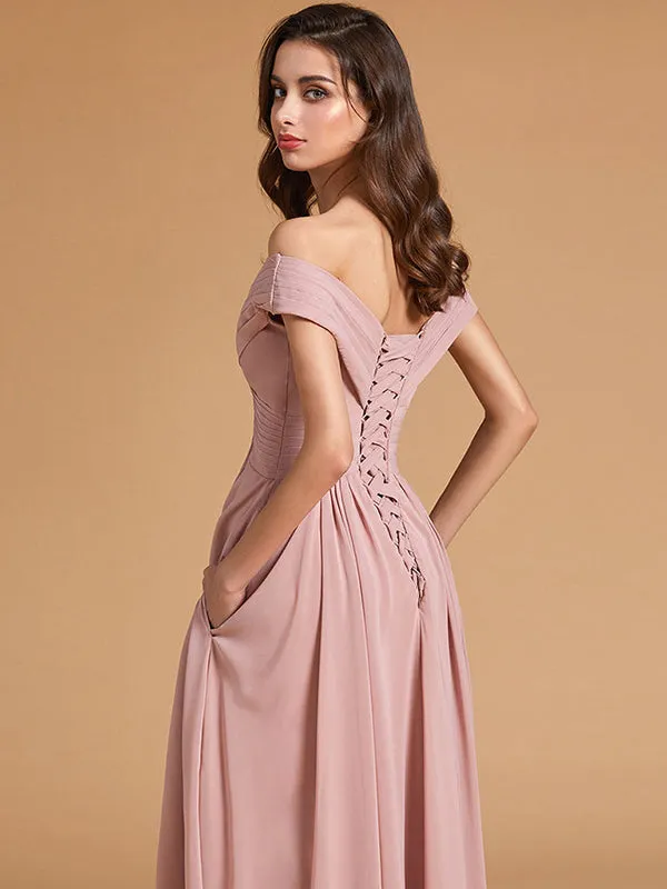 Modern A Line Off The Shoulder Bridesmaid Maxi dresses with Pocket