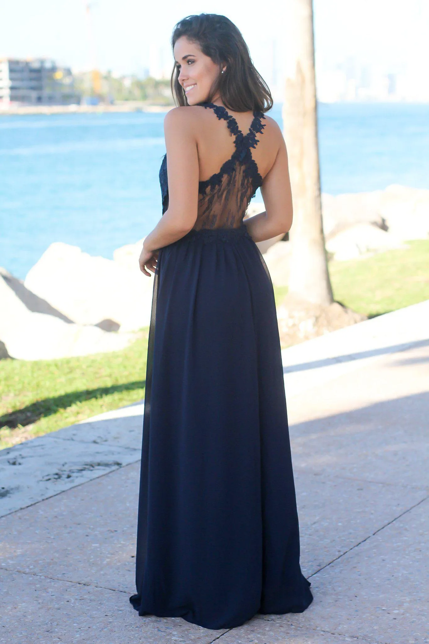 Navy Maxi Dress with Lace Top