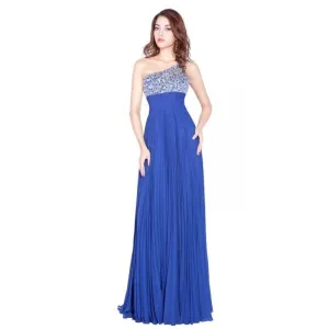 One Shoulder Royal Blue Prom Dress Chiffon Crystals Beaded Backless Floor Length Party Gown