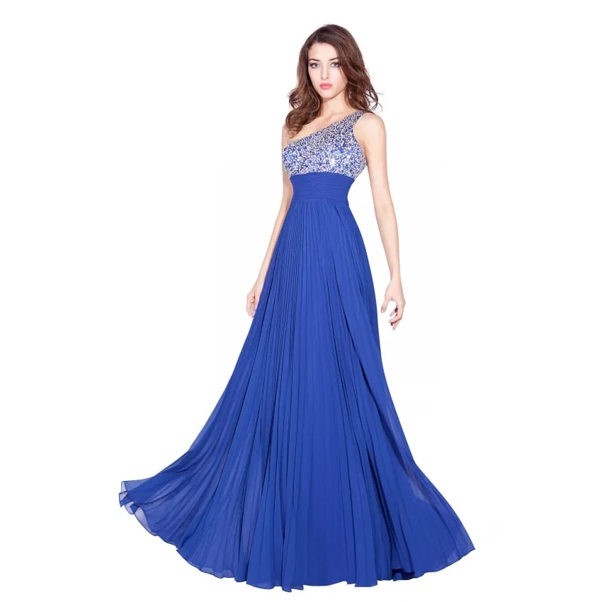 One Shoulder Royal Blue Prom Dress Chiffon Crystals Beaded Backless Floor Length Party Gown
