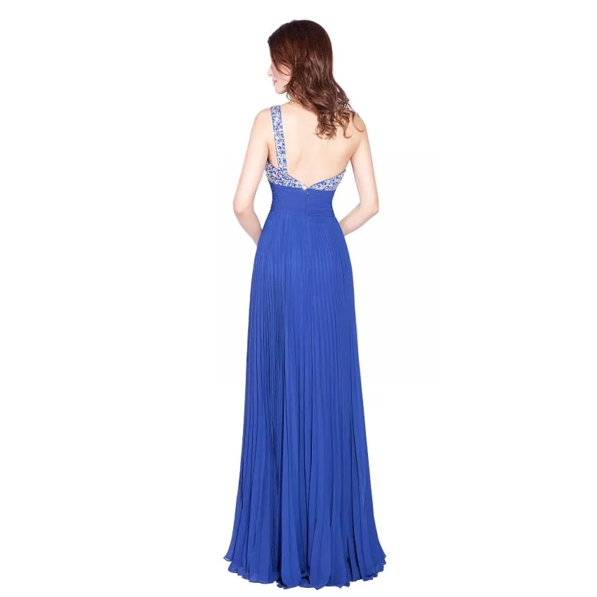 One Shoulder Royal Blue Prom Dress Chiffon Crystals Beaded Backless Floor Length Party Gown