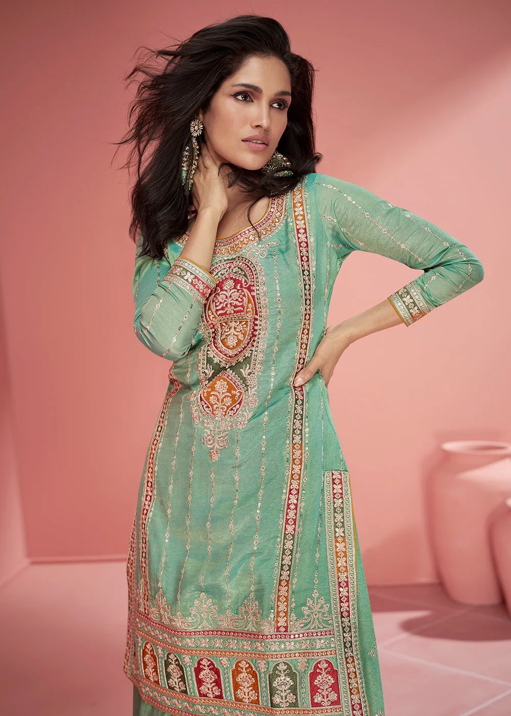 Organza Silk Mint Green Embroidered Designer Palazzo Suit