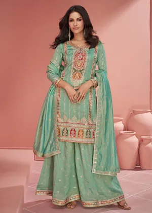 Organza Silk Mint Green Embroidered Designer Palazzo Suit