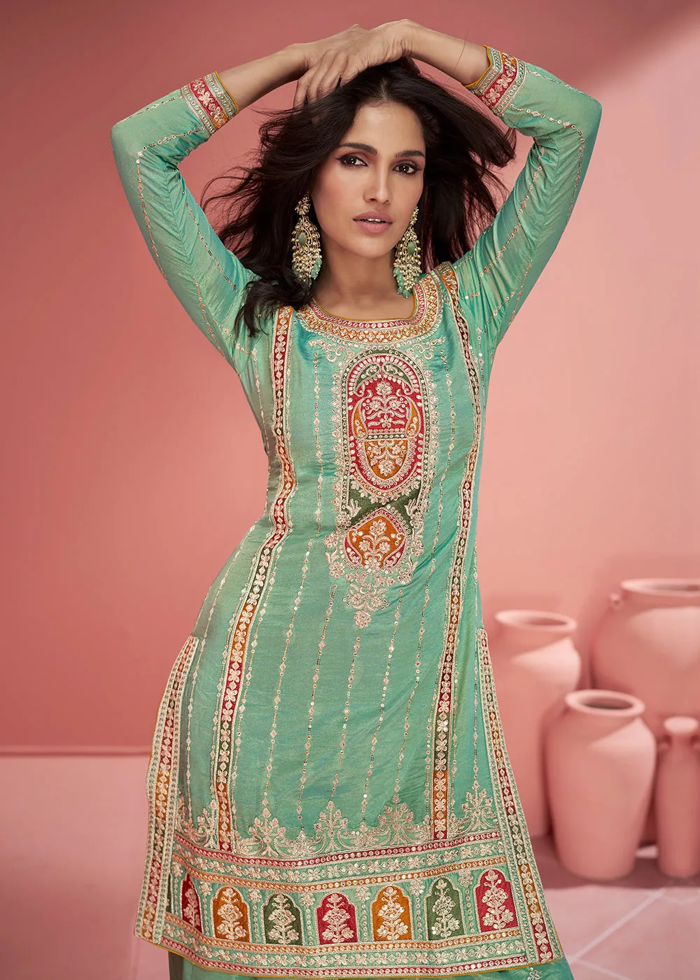 Organza Silk Mint Green Embroidered Designer Palazzo Suit