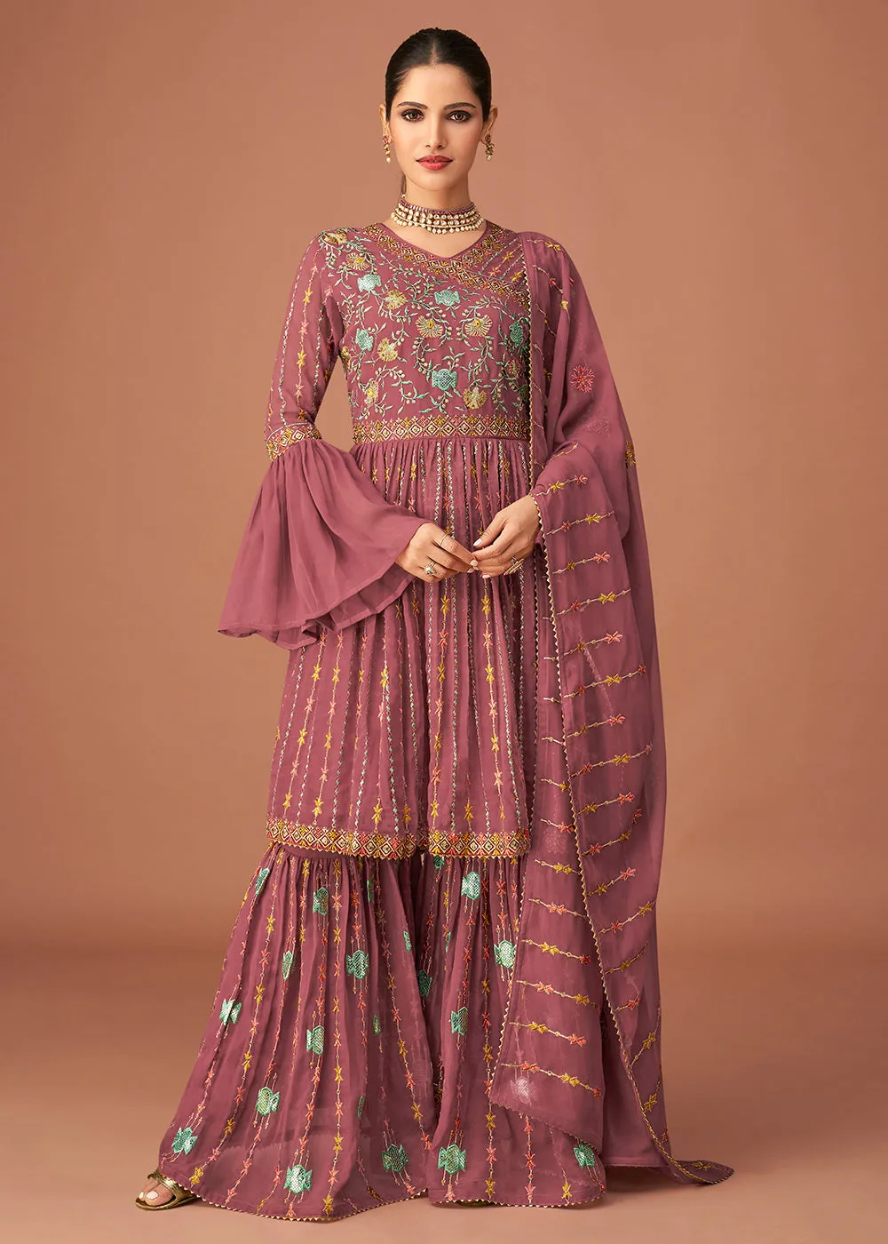 Pakistani Style Designer Orchid Pink Peplum Sharara Suit