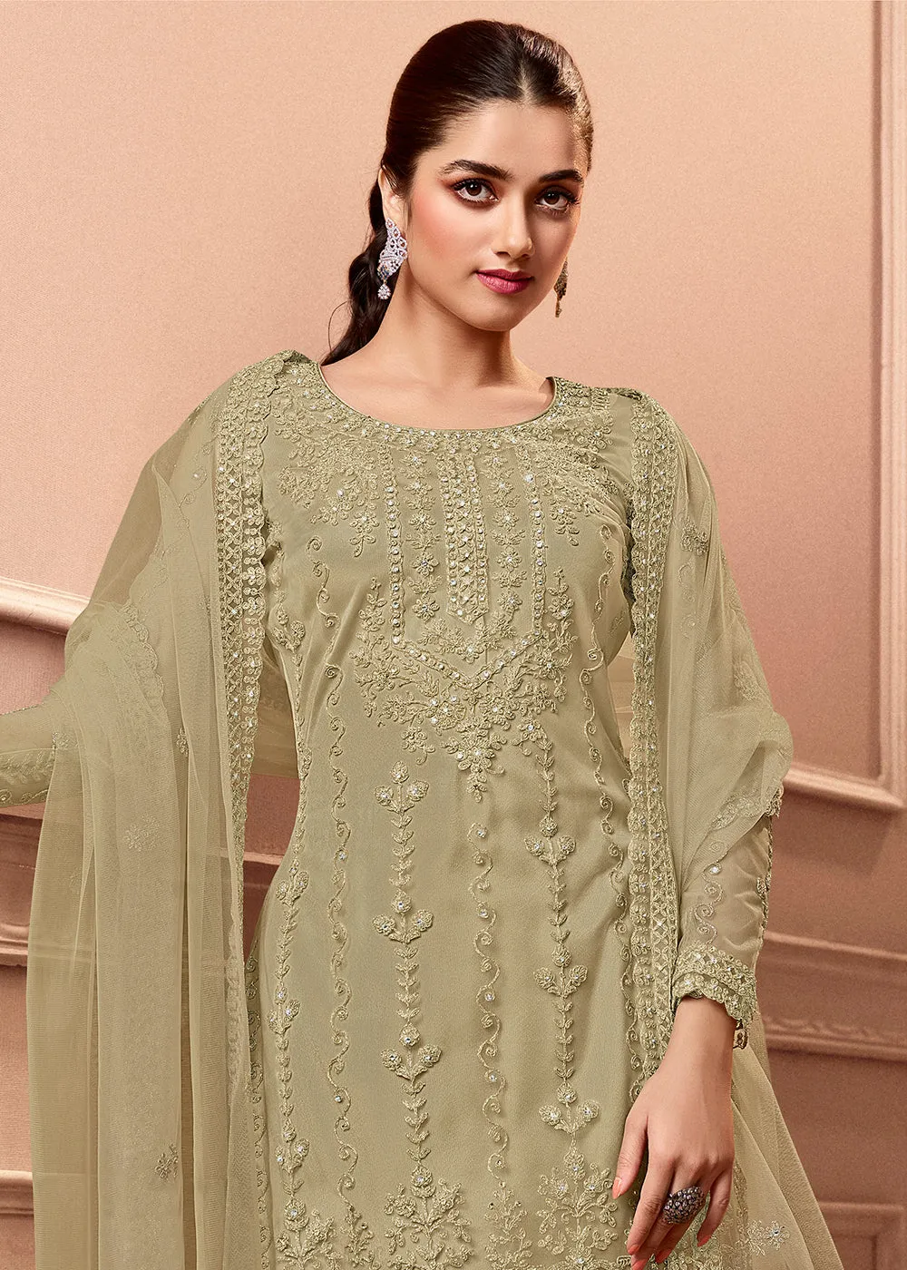 Pant Style Dusty Grey Embroidered Wedding Salwar Suit