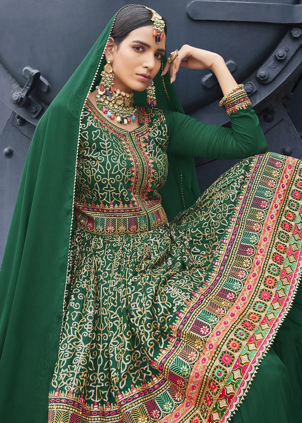 Party Style Admirable Green Chinon Palazzo Style Suit