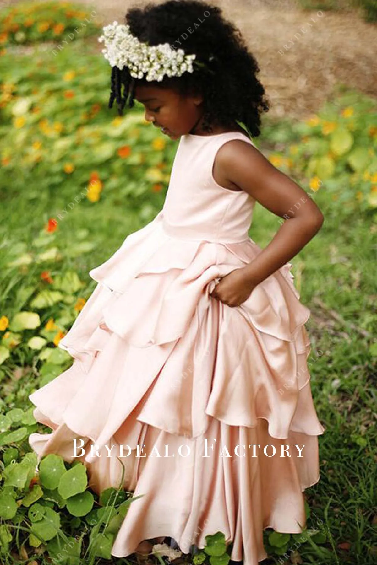 Pearl Pink Sleeveless Charmeuse Tiered Long Flower Girl Dress