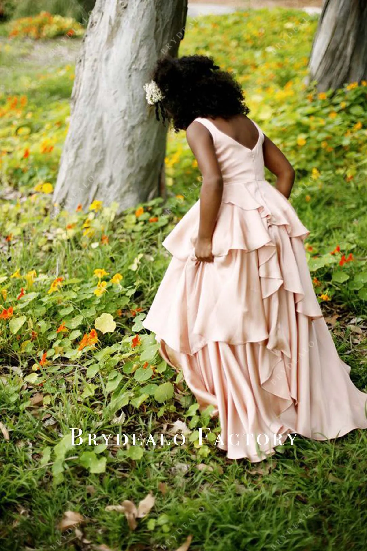 Pearl Pink Sleeveless Charmeuse Tiered Long Flower Girl Dress