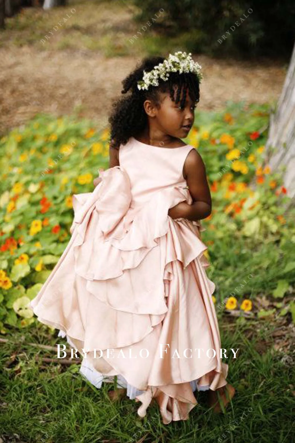 Pearl Pink Sleeveless Charmeuse Tiered Long Flower Girl Dress
