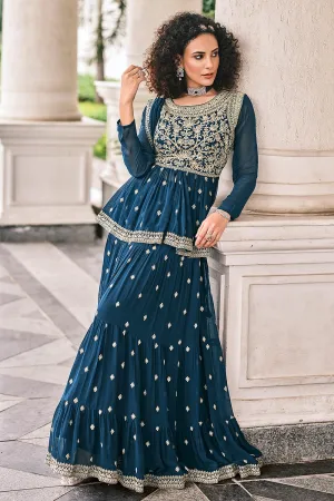 Peplum Style Teal Blue Viscose Palazzo Suit