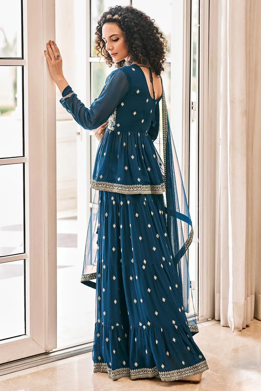Peplum Style Teal Blue Viscose Palazzo Suit