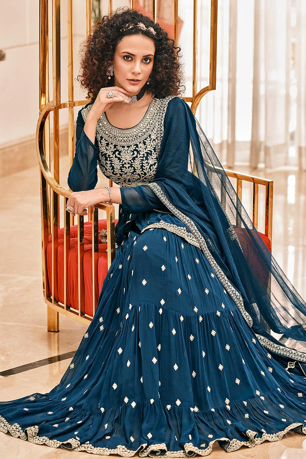 Peplum Style Teal Blue Viscose Palazzo Suit