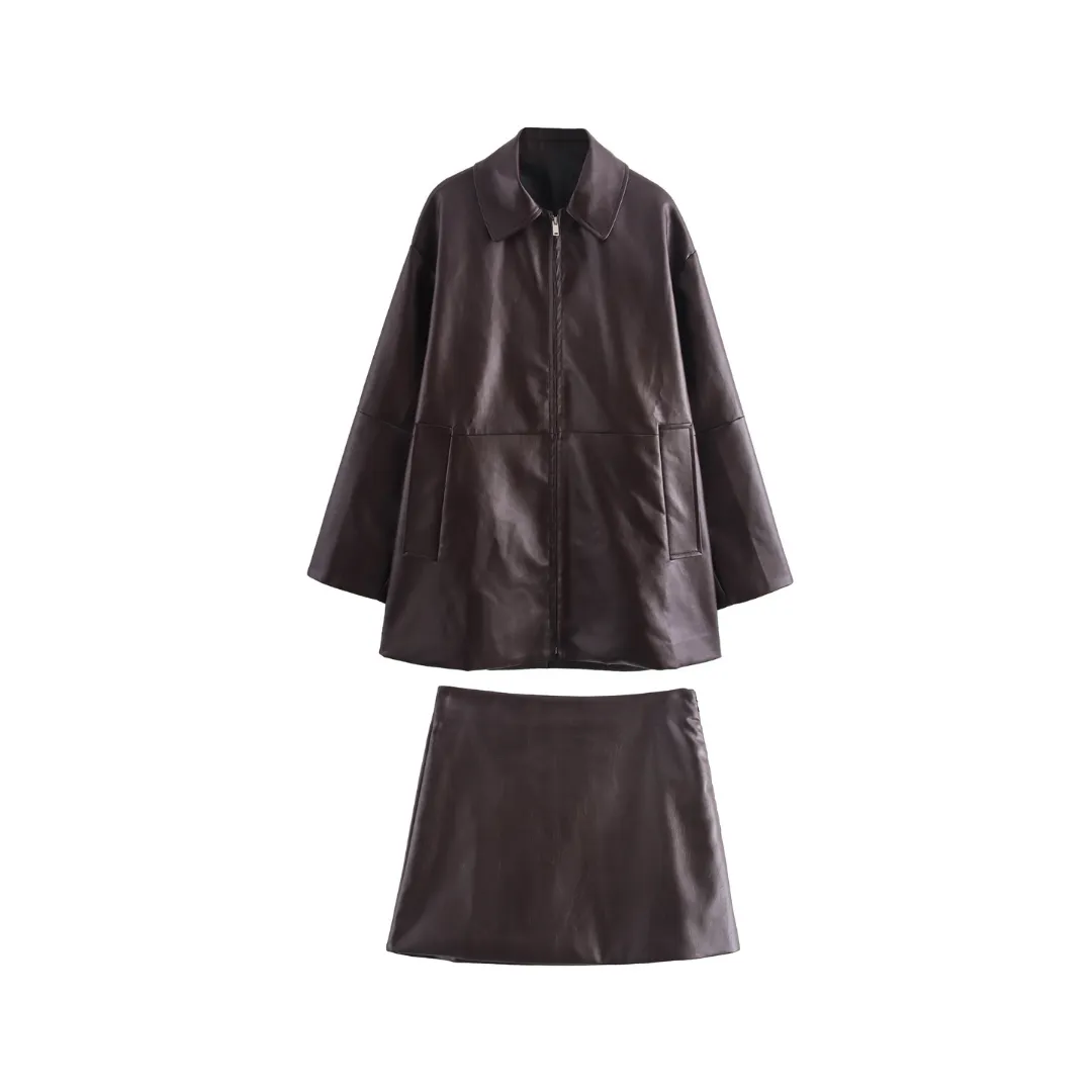 Pre Order:  Solid Leather Jacket   Mini Skirt