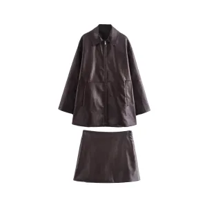 Pre Order:  Solid Leather Jacket   Mini Skirt