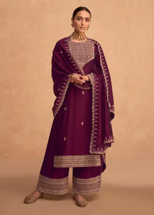 Pretty Plum Wine Premium Silk Embroidered Indian Palazzo Suit
