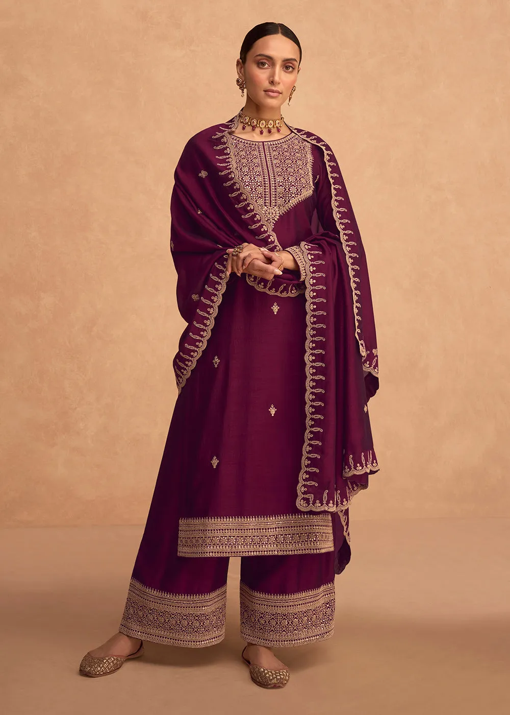 Pretty Plum Wine Premium Silk Embroidered Indian Palazzo Suit