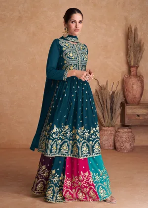 Prussian Blue Wedding Embroidered Multicolor Palazzo Suit