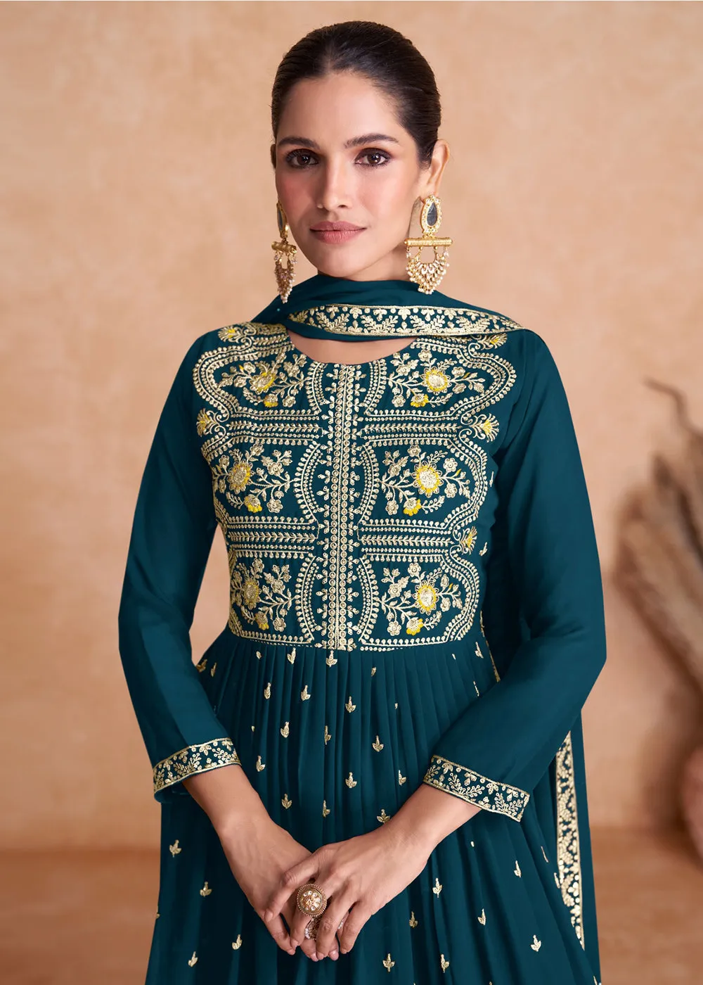 Prussian Blue Wedding Embroidered Multicolor Palazzo Suit