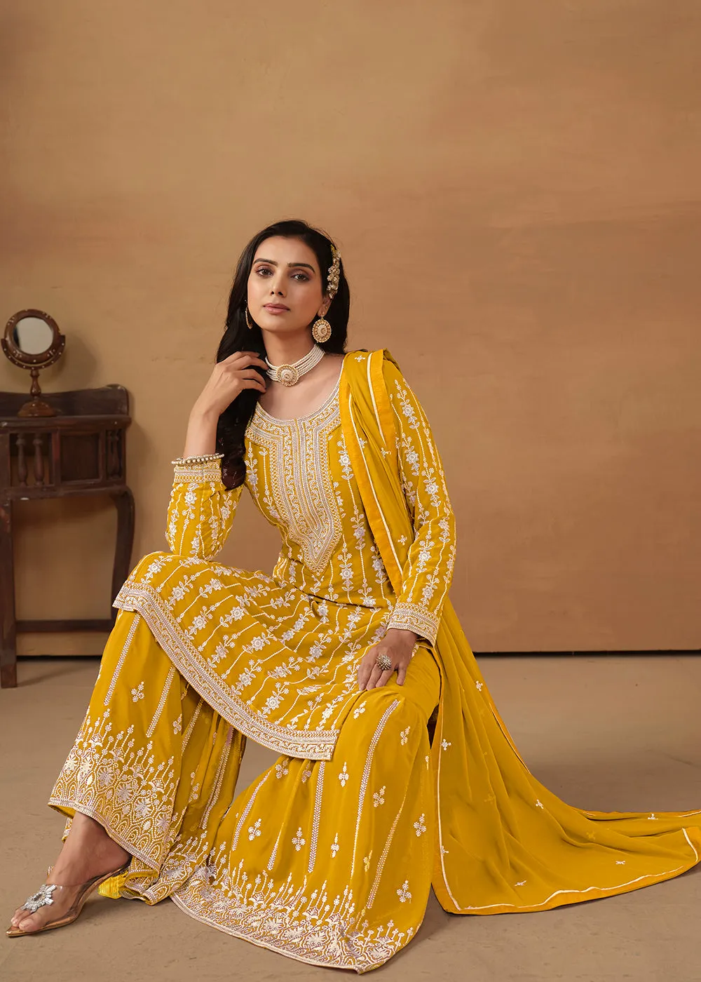 Radiant Yellow Embroidered Wedding Festive Gharara Suit