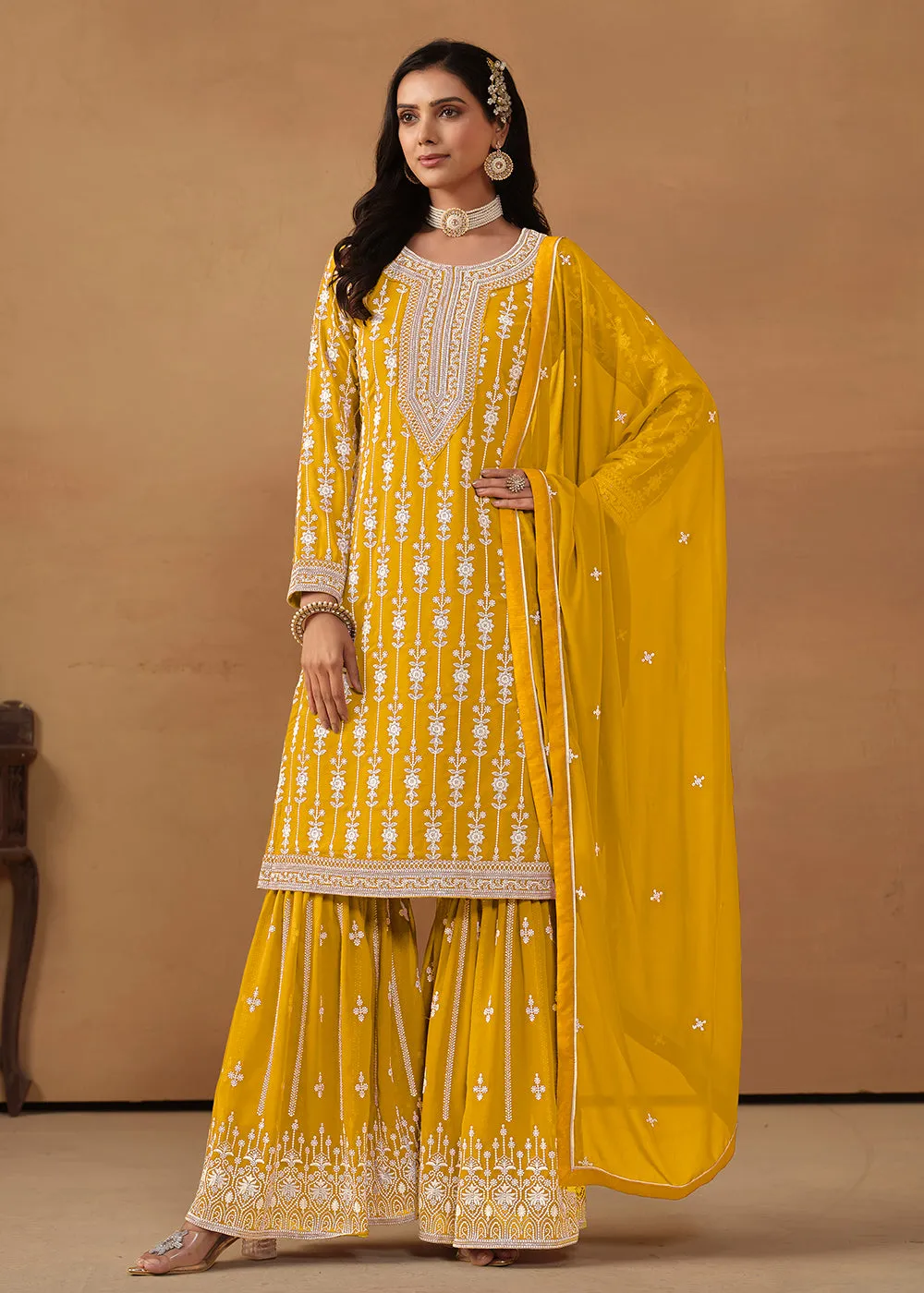 Radiant Yellow Embroidered Wedding Festive Gharara Suit