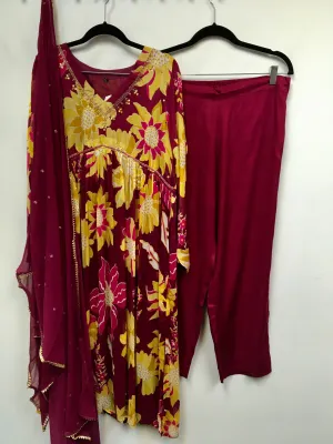 RBD052- Dark pink and yellow chinnon suit with dupatta.