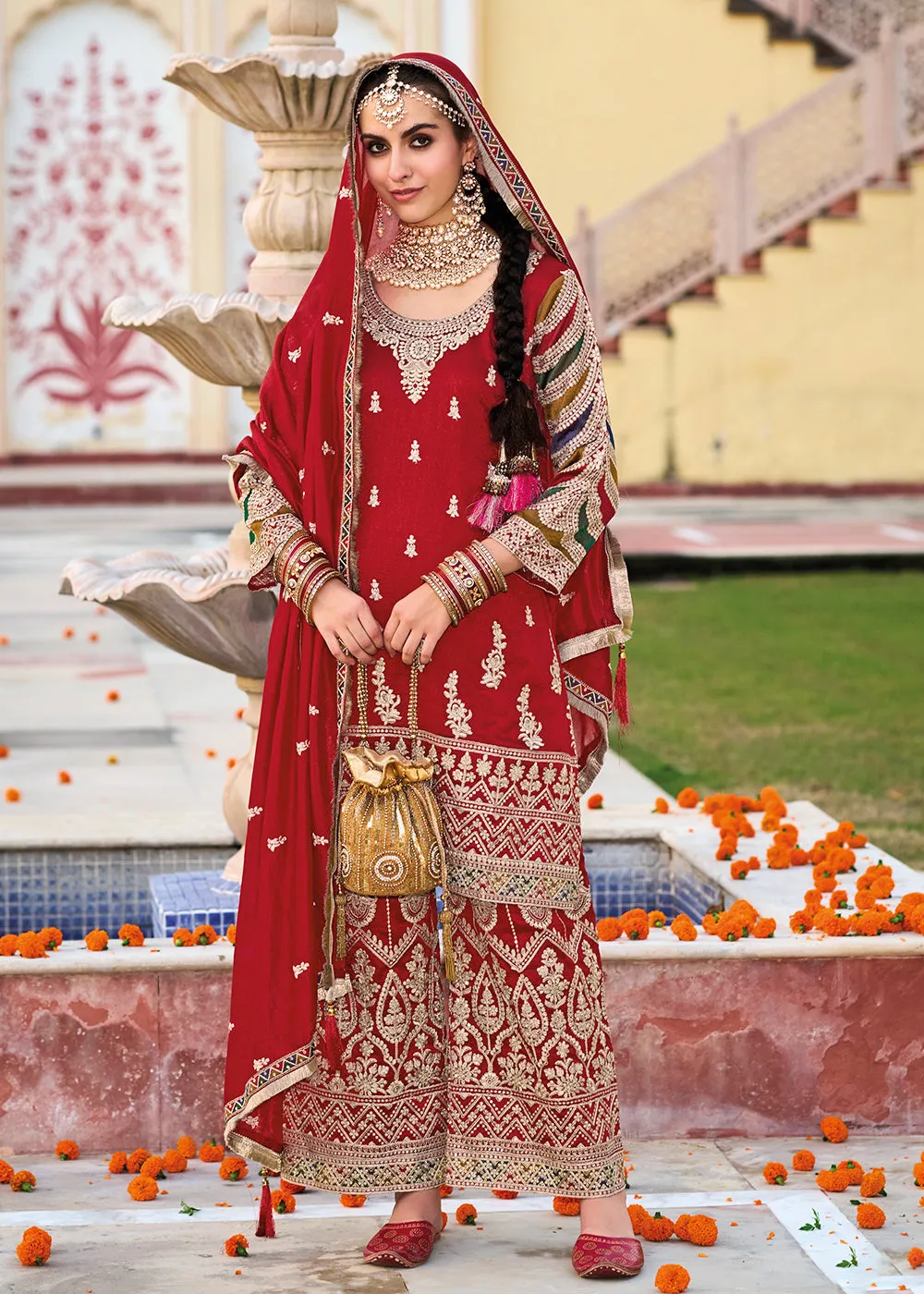 Red Premium Silk Embroidered Festive Ready Palazzo Suit