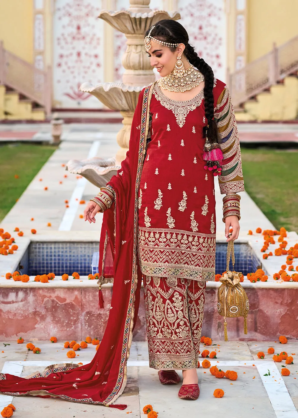 Red Premium Silk Embroidered Festive Ready Palazzo Suit