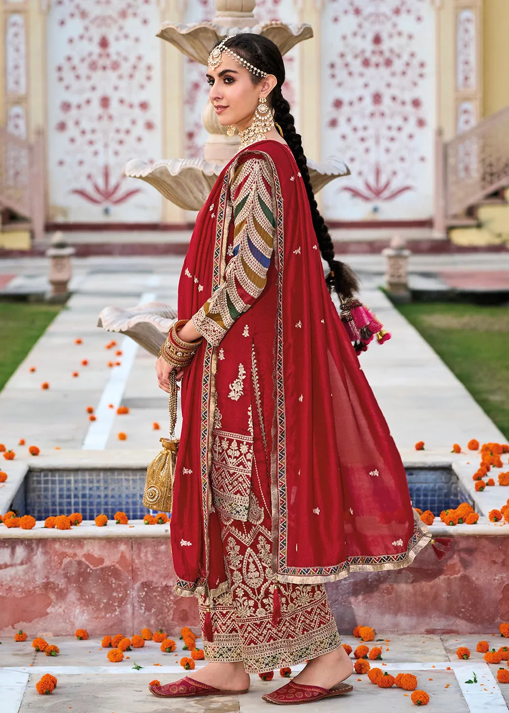 Red Premium Silk Embroidered Festive Ready Palazzo Suit