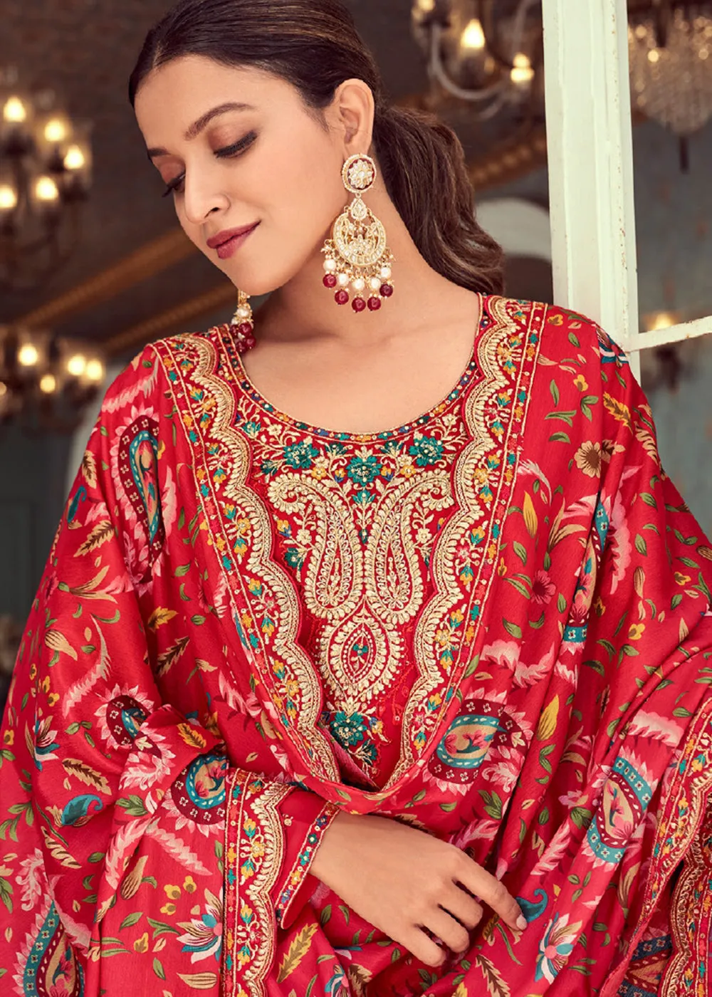 Red Real Georgette Embroidered Pant Style Sakwar Suit