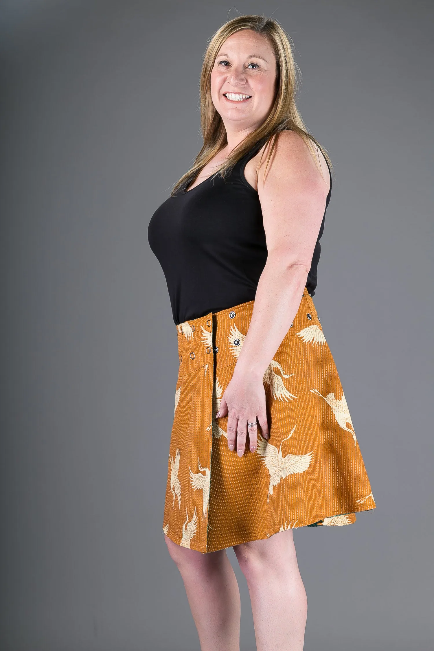 Reversible A Line Green Brown Print with Pocket